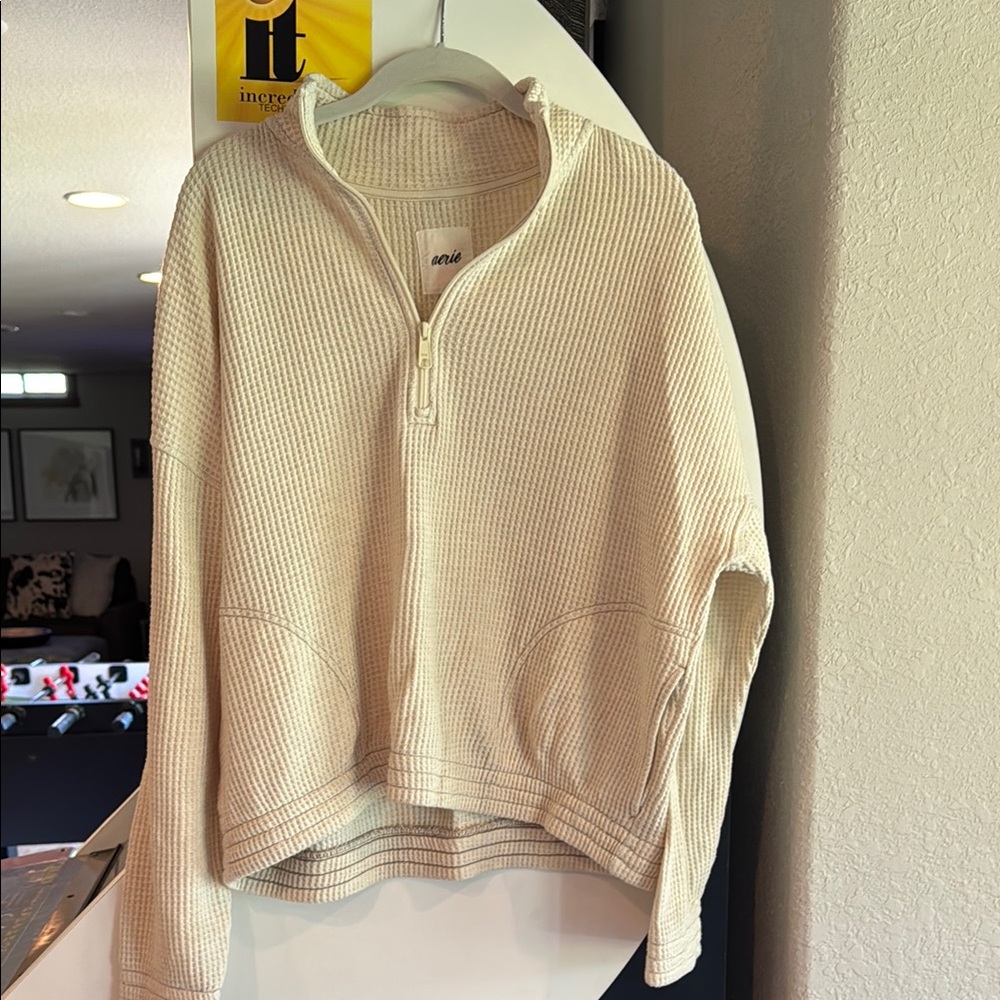 Aerie Cream Waffle Knit Quarter-Zip Pullover